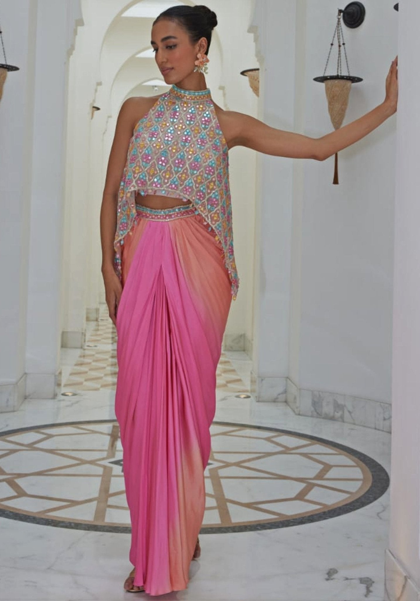Nitika Gujral ombre pink embroidered satin skirt with poncho — indo western outfits for wedding guests