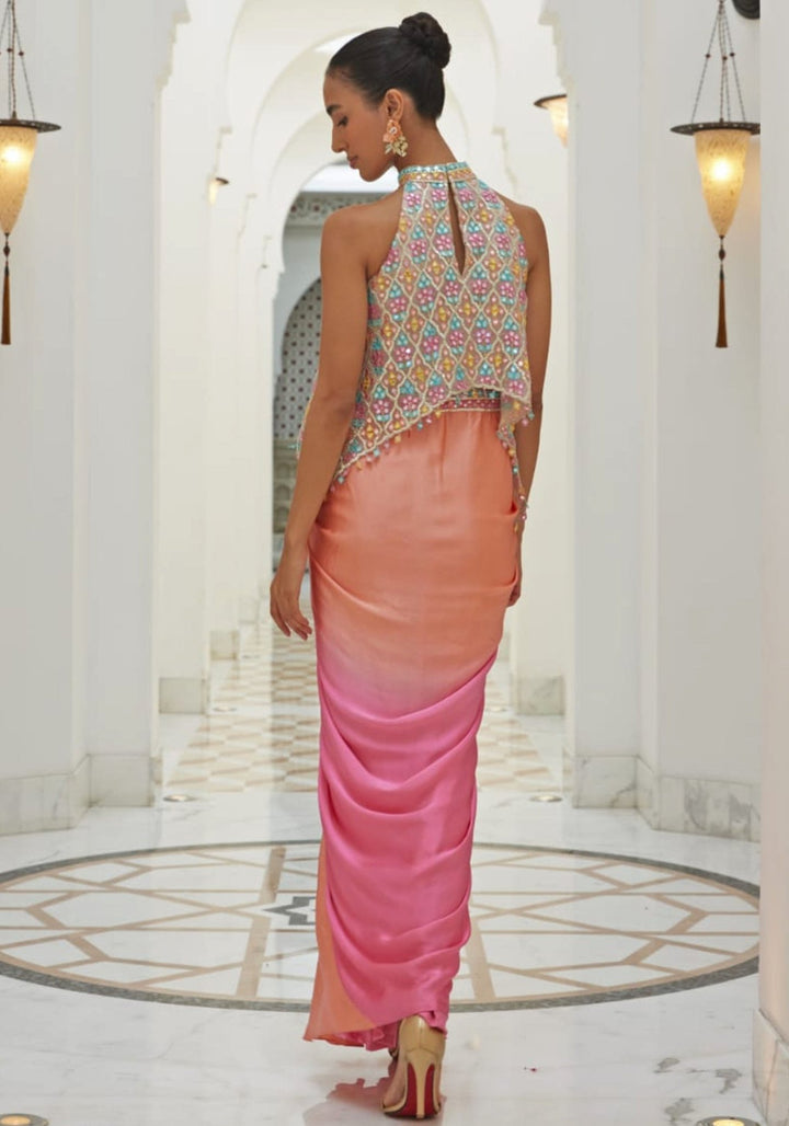 Ombre Pink Embroidered Satin Skirt With Poncho Nitika Gujral - Fabilicious Fashion