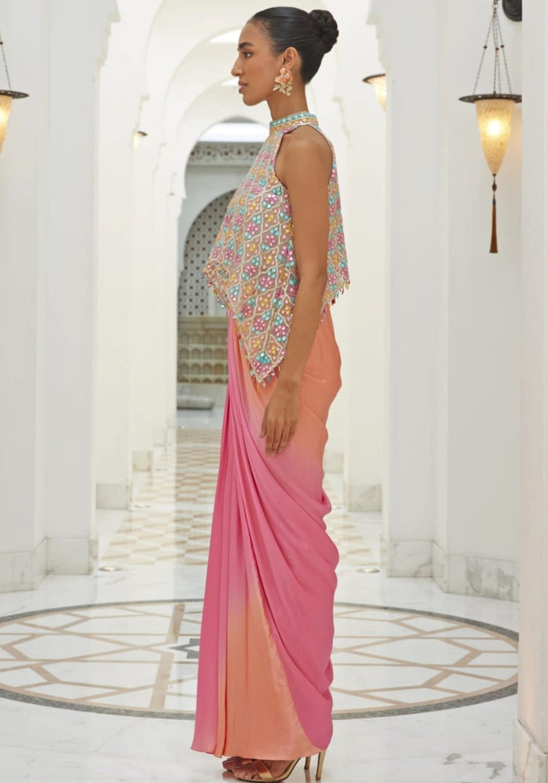 Ombre Pink Embroidered Satin Skirt With Poncho Nitika Gujral - Fabilicious Fashion