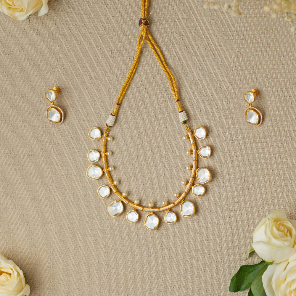 One Line Drop Polki Necklace Zevar by Geeta - Fabilicious Fashion