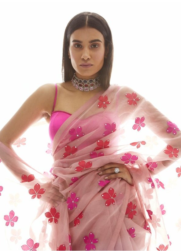Onion Pink Applique Organza Saree Set Vvani by Vani Vats - Fabilicious Fashion