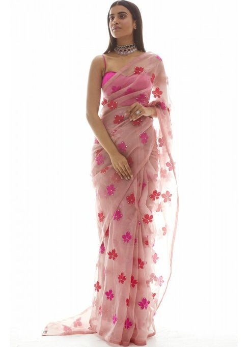 Onion Pink Applique Organza Saree Set Vvani by Vani Vats - Fabilicious Fashion
