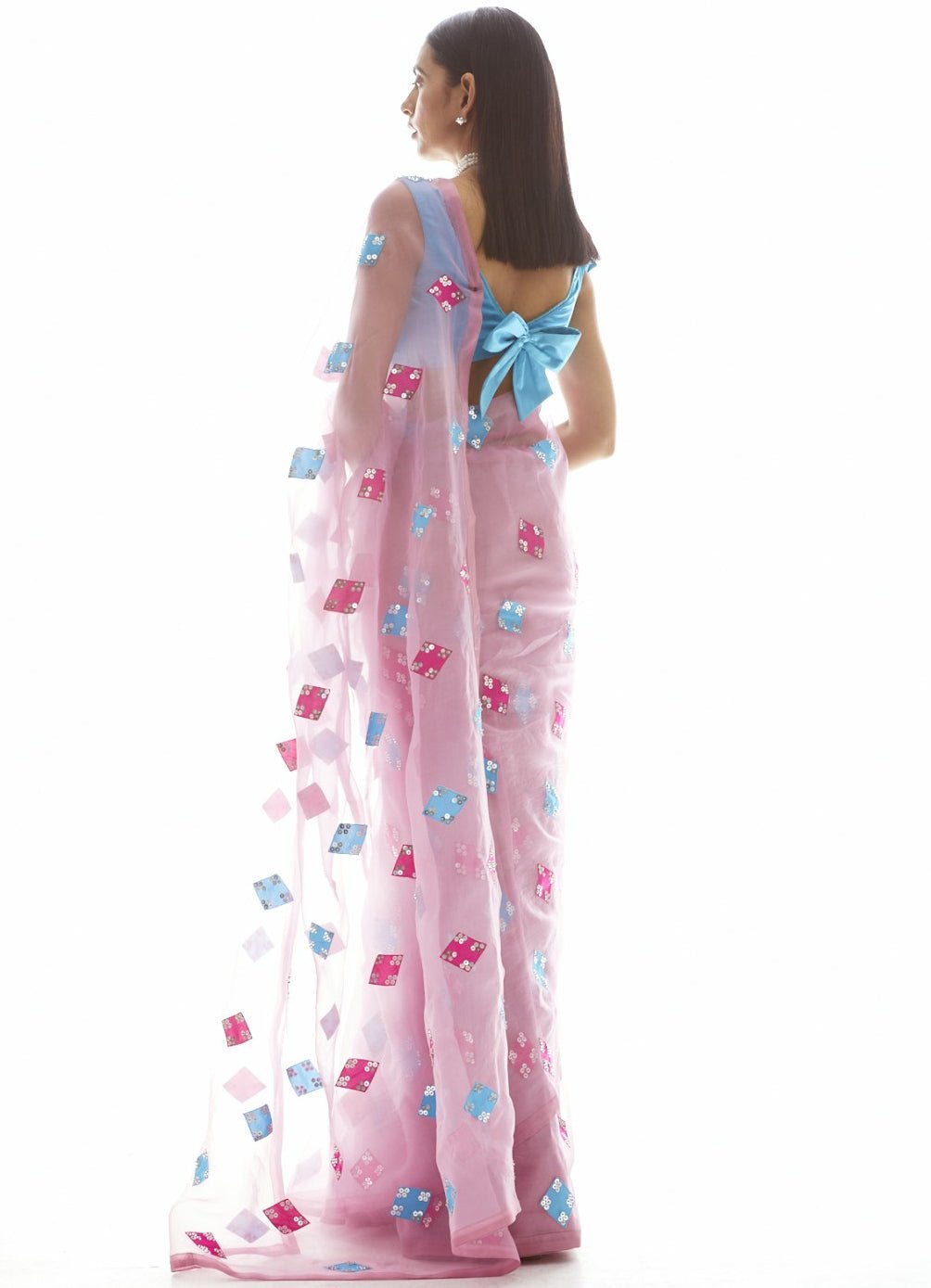 Onion Pink Applique Saree Set Vvani by Vani Vats - Fabilicious Fashion