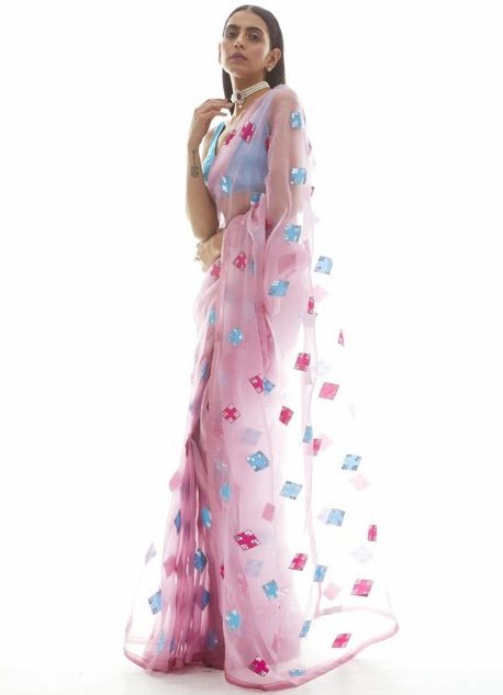 Onion Pink Applique Saree Set Vvani by Vani Vats - Fabilicious Fashion