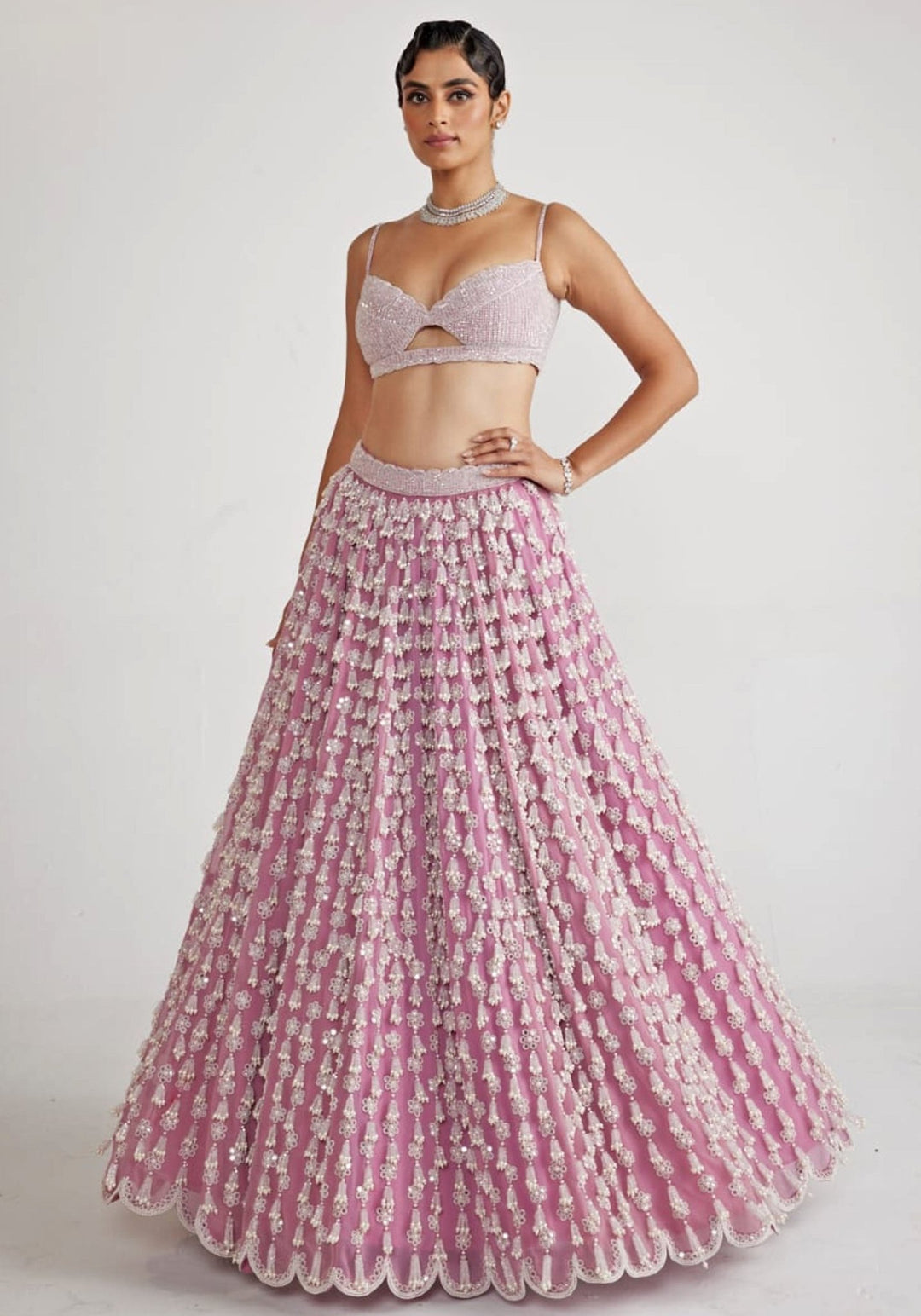 Onion Pink Chandelier Pearl Drop Bridal Lehenga Set Vvani By Vani Vats - Fabilicious Fashion