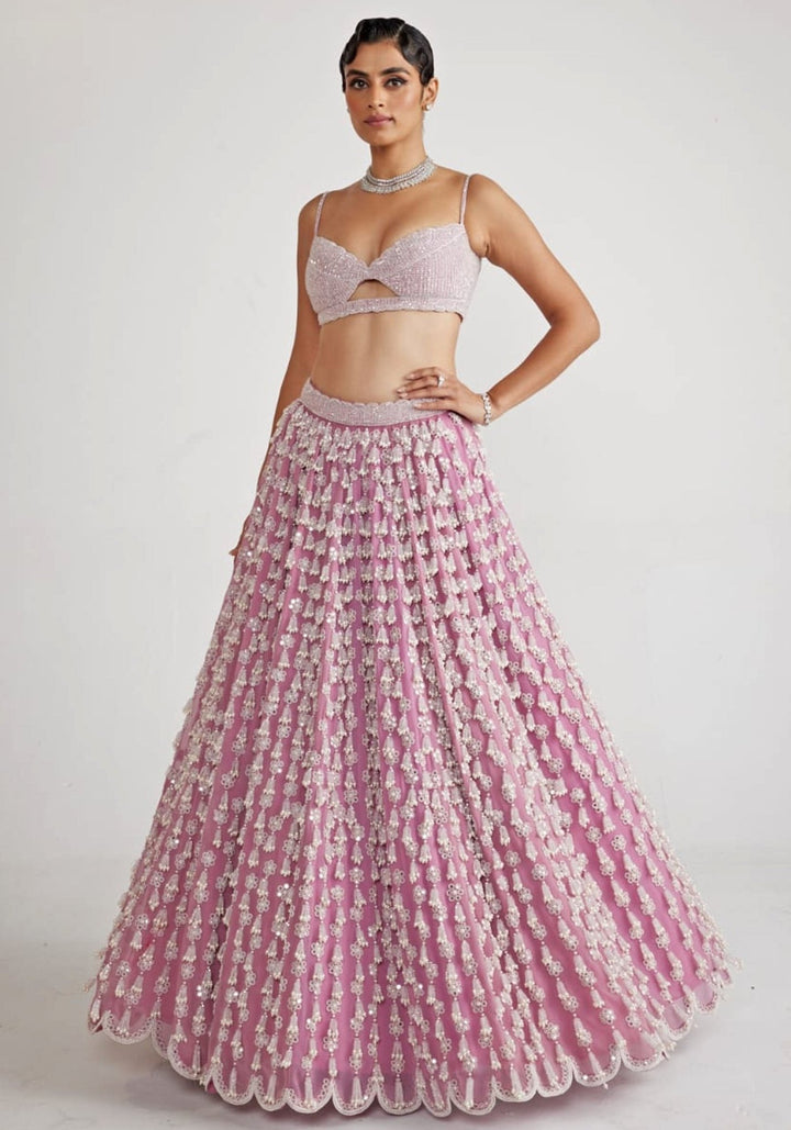Onion Pink Chandelier Pearl Drop Bridal Lehenga Set Vvani By Vani Vats - Fabilicious Fashion