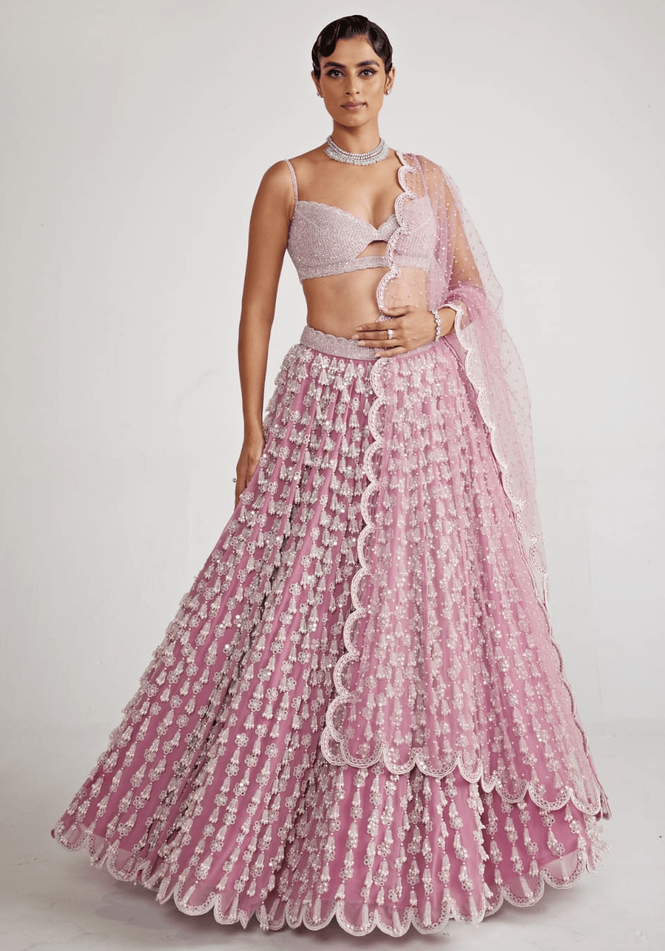 Onion Pink Chandelier Pearl Drop Bridal Lehenga Set Vvani By Vani Vats - Fabilicious Fashion