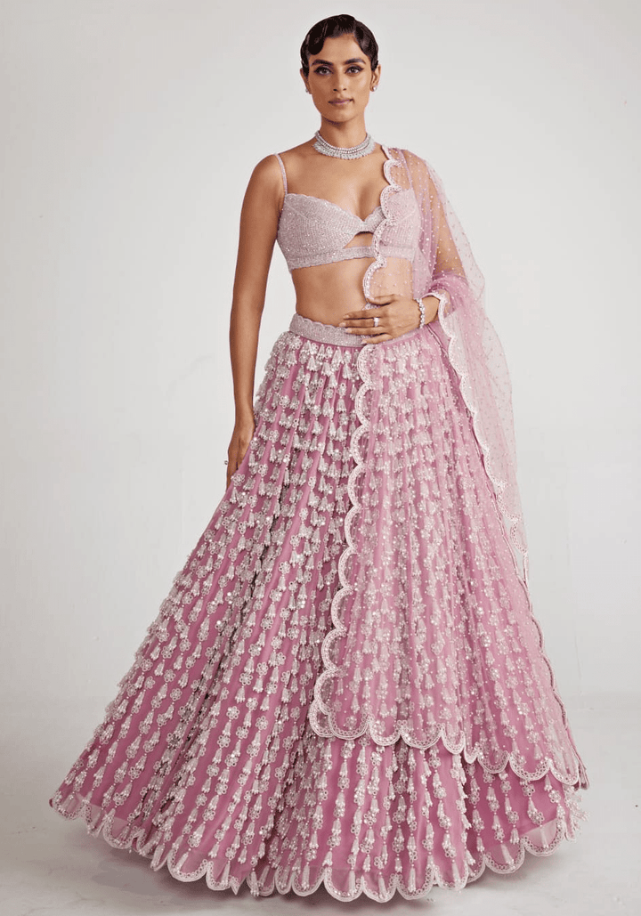 Onion Pink Chandelier Pearl Drop Bridal Lehenga Set Vvani By Vani Vats - Fabilicious Fashion