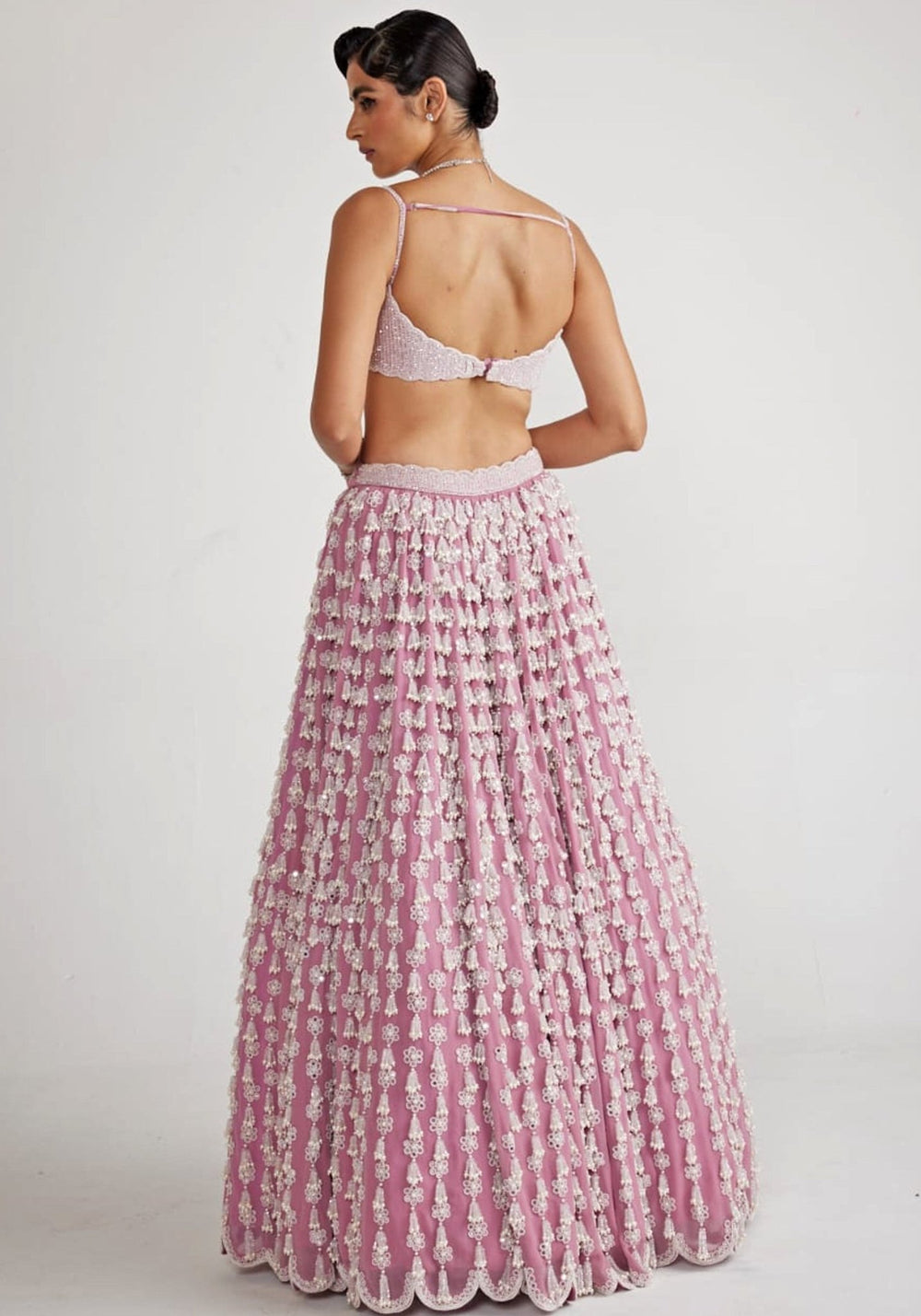 Onion Pink Chandelier Pearl Drop Bridal Lehenga Set Vvani By Vani Vats - Fabilicious Fashion