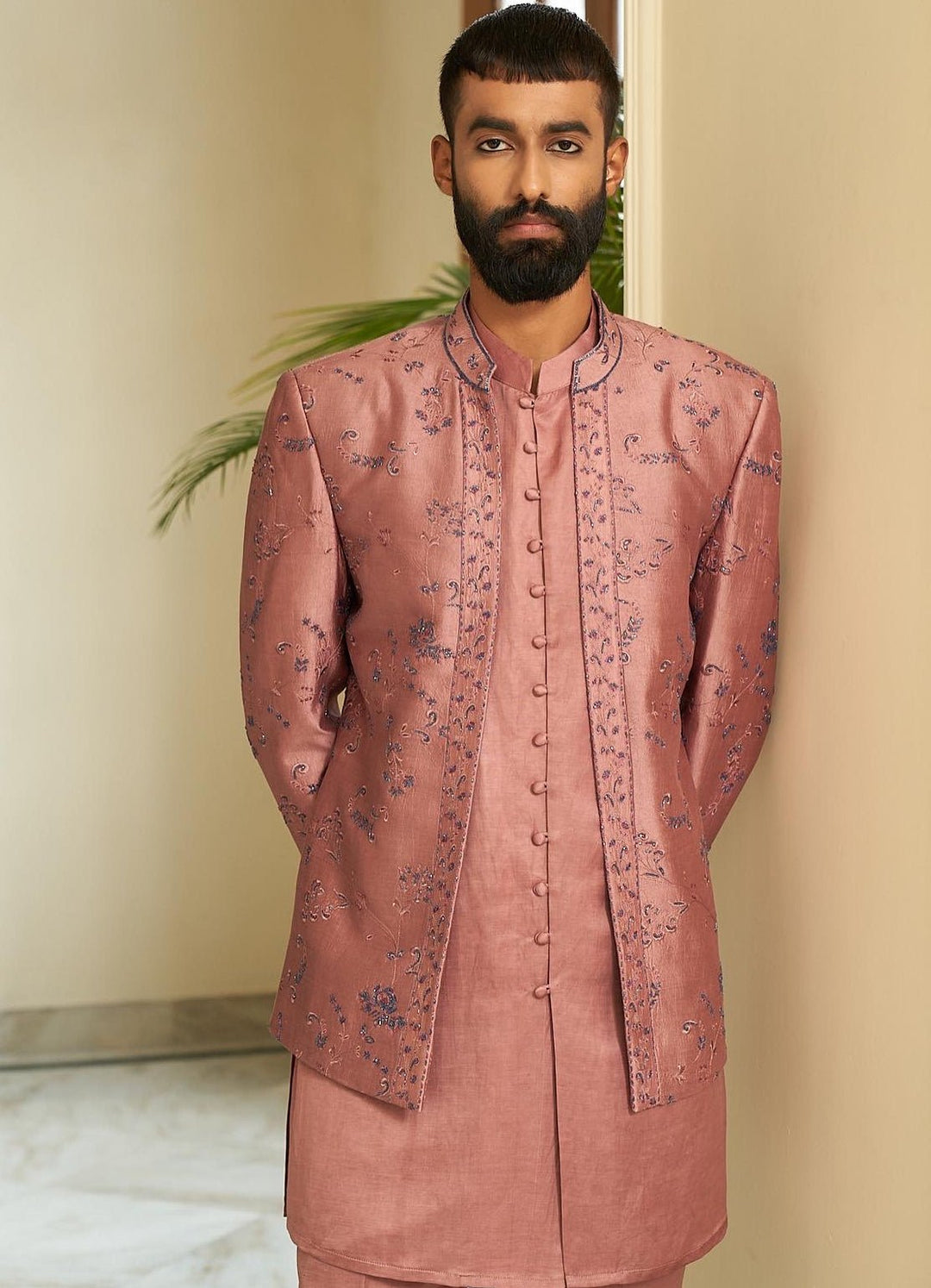 Onion Pink Jacket Set Contrast by Parth - Fabilicious Fashion