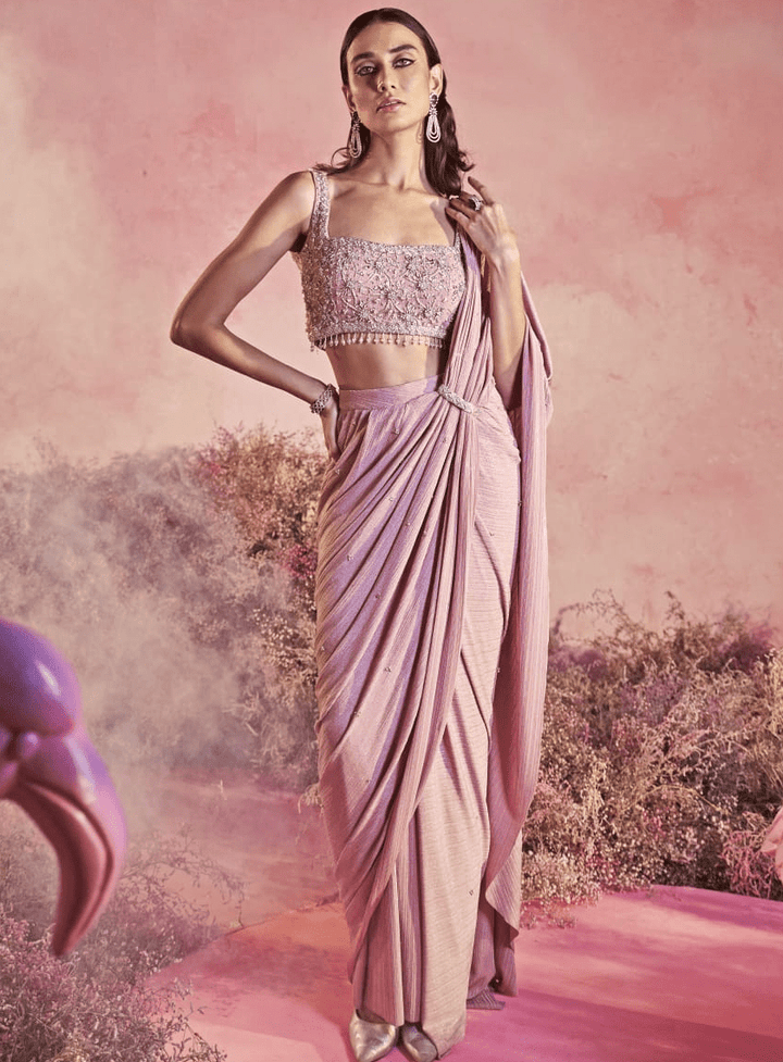 Onion Pink Pre Draped Lycra Saree Parul Gandhi - Fabilicious Fashion