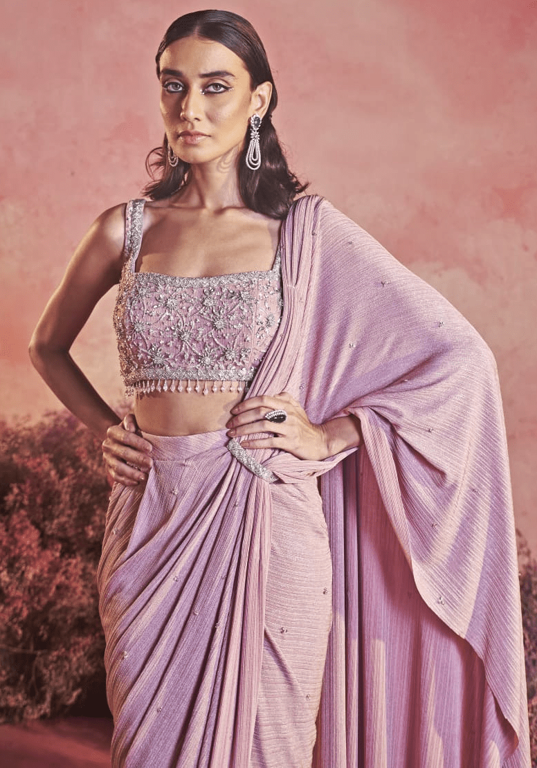 Onion Pink Pre Draped Lycra Saree Parul Gandhi - Fabilicious Fashion