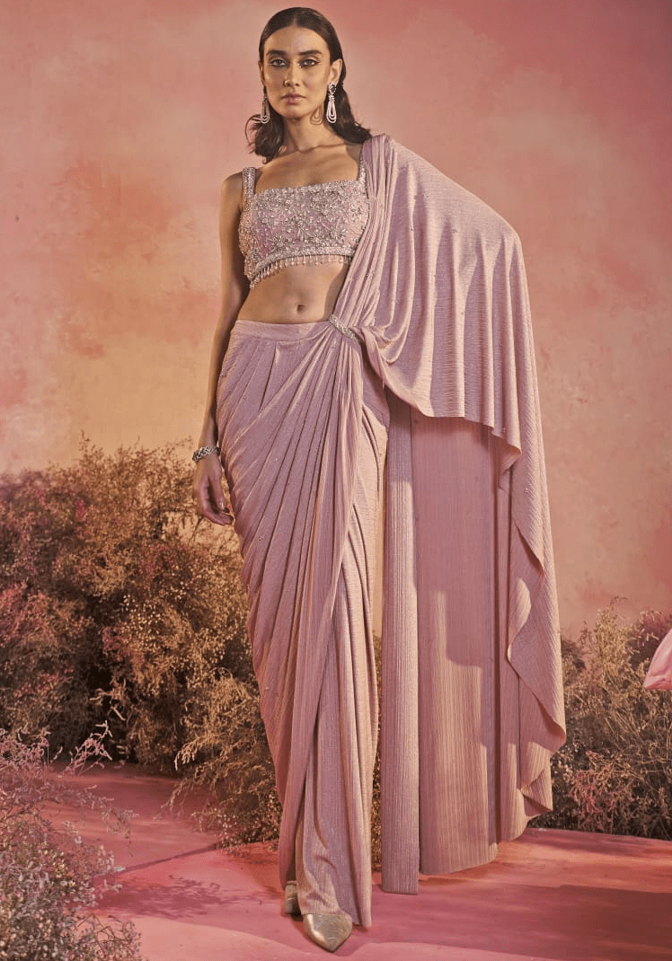 Onion Pink Pre Draped Lycra Saree Parul Gandhi - Fabilicious Fashion