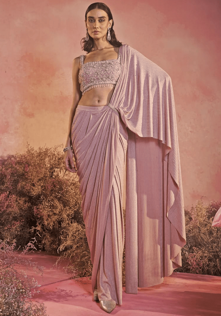 Onion Pink Pre Draped Lycra Saree Parul Gandhi - Fabilicious Fashion
