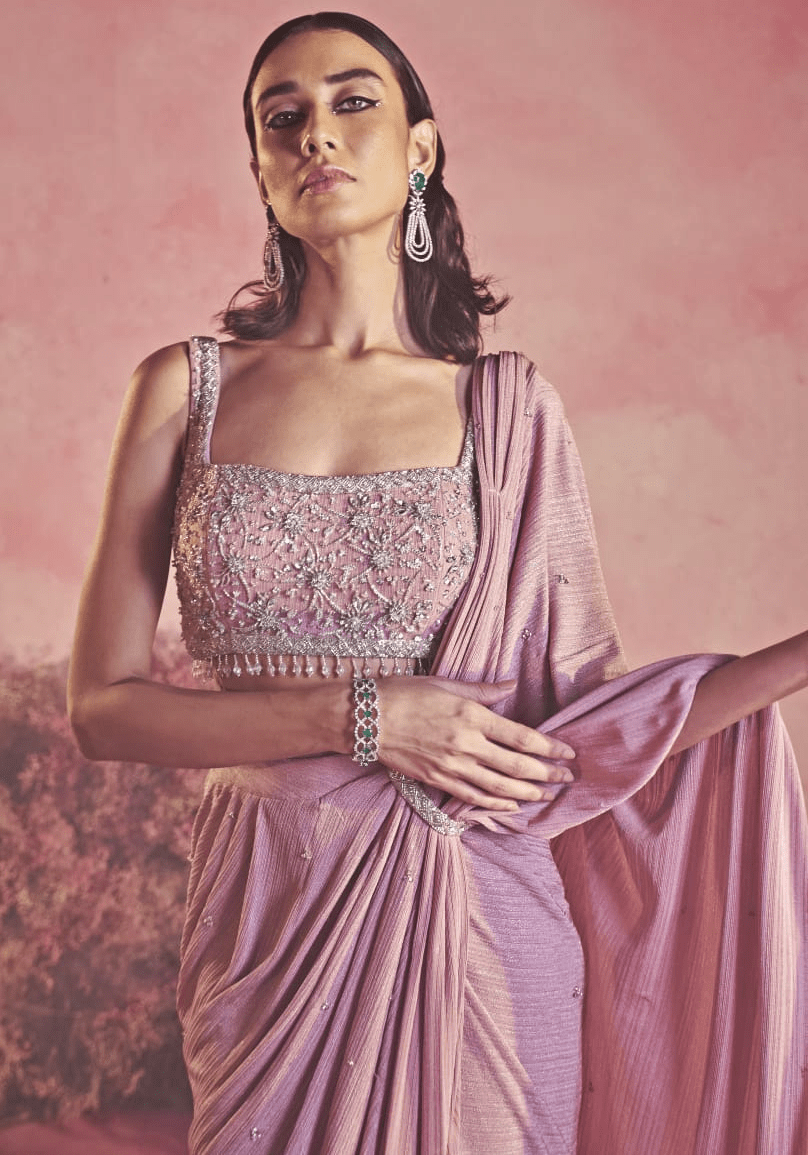 Onion Pink Pre Draped Lycra Saree Parul Gandhi - Fabilicious Fashion