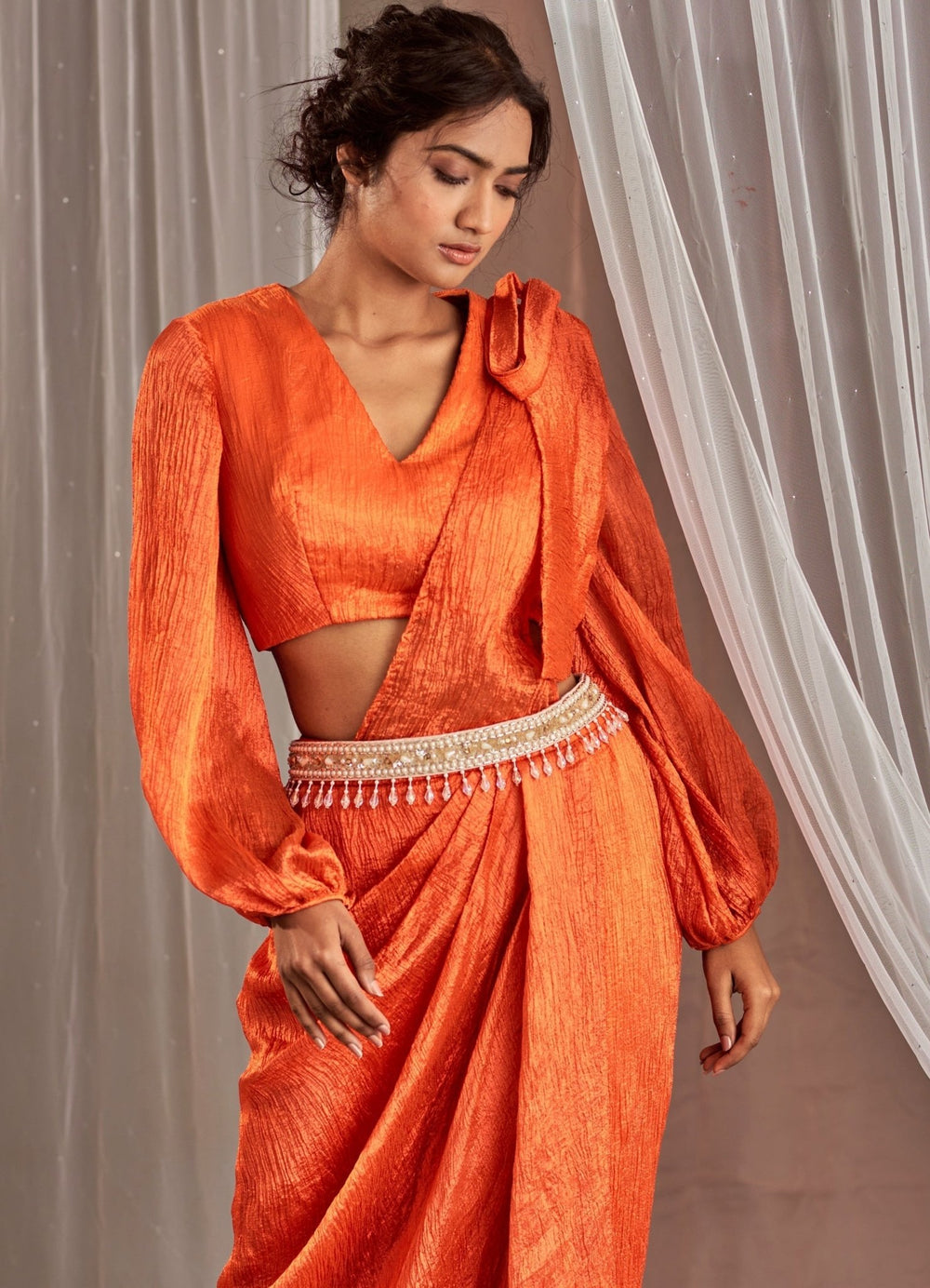 Orange Draped Silk Lehenga Set With Balloon Sleeved Blouse Nidhika Shekhar - Fabilicious Fashion