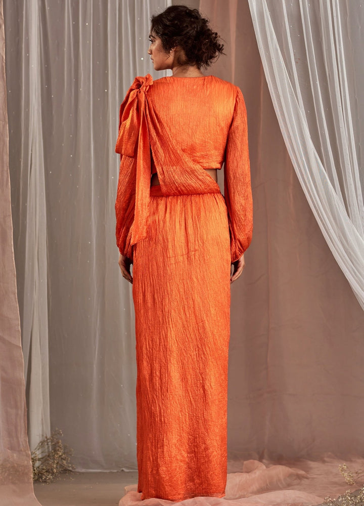 Orange Draped Silk Lehenga Set With Balloon Sleeved Blouse Nidhika Shekhar - Fabilicious Fashion