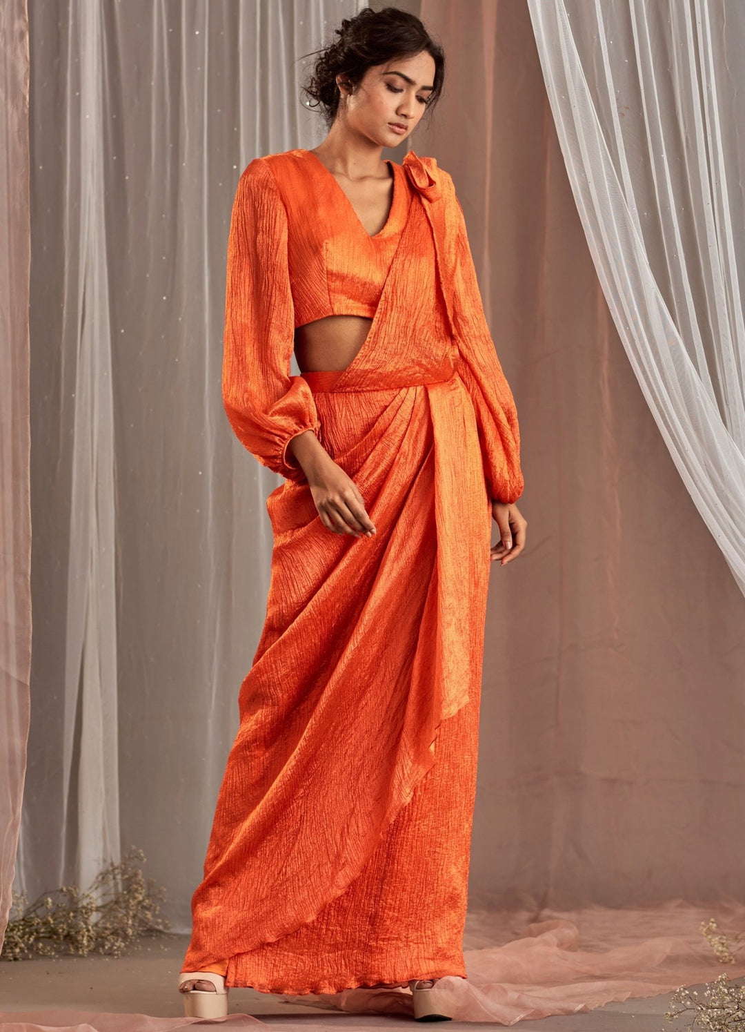 Orange Draped Silk Lehenga Set With Balloon Sleeved Blouse Nidhika Shekhar - Fabilicious Fashion
