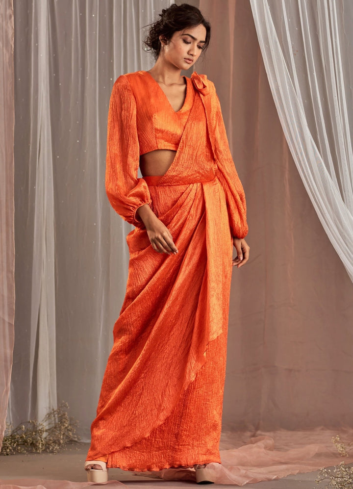 Orange Draped Silk Lehenga Set With Balloon Sleeved Blouse Nidhika Shekhar - Fabilicious Fashion