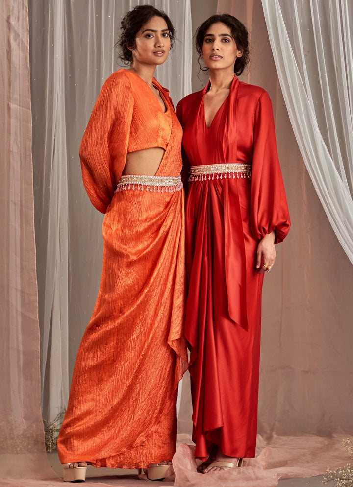 Orange Draped Silk Lehenga Set With Balloon Sleeved Blouse Nidhika Shekhar - Fabilicious Fashion