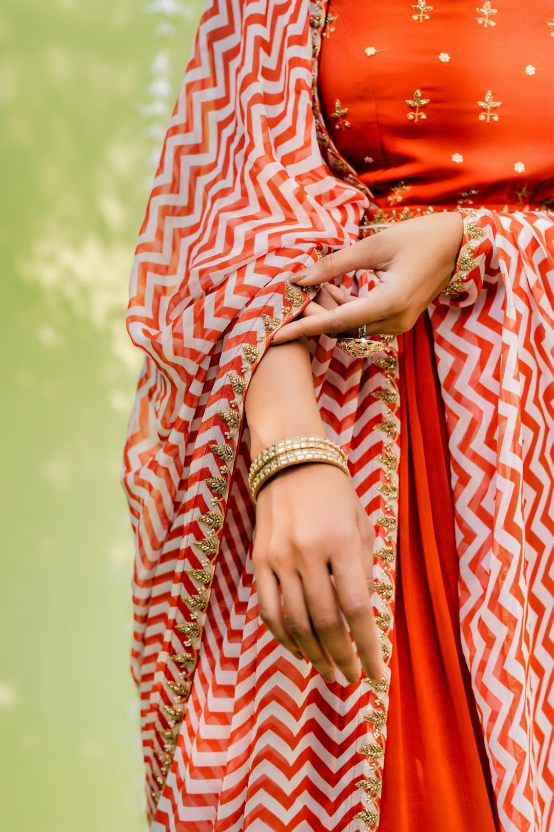 Orange Embellished Anarkali Set With Patterned Dupatta And Belt Redpine - Fabilicious Fashion