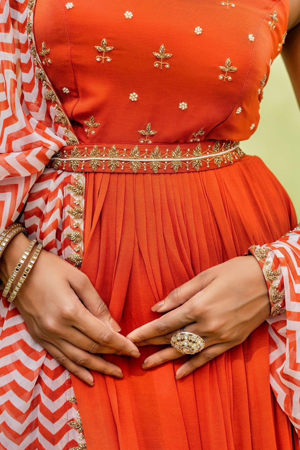 Orange Embellished Anarkali Set With Patterned Dupatta And Belt Redpine - Fabilicious Fashion