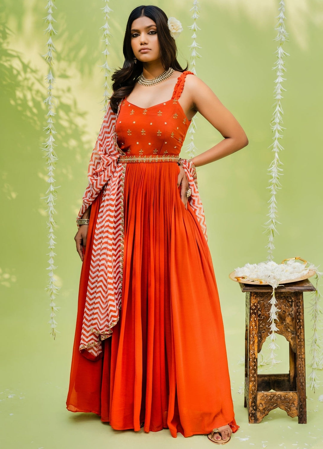Orange Embellished Anarkali Set With Patterned Dupatta And Belt Redpine - Fabilicious Fashion