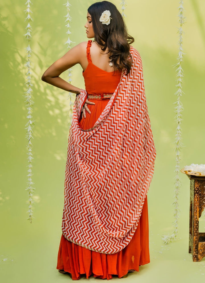 Orange Embellished Anarkali Set With Patterned Dupatta And Belt Redpine - Fabilicious Fashion