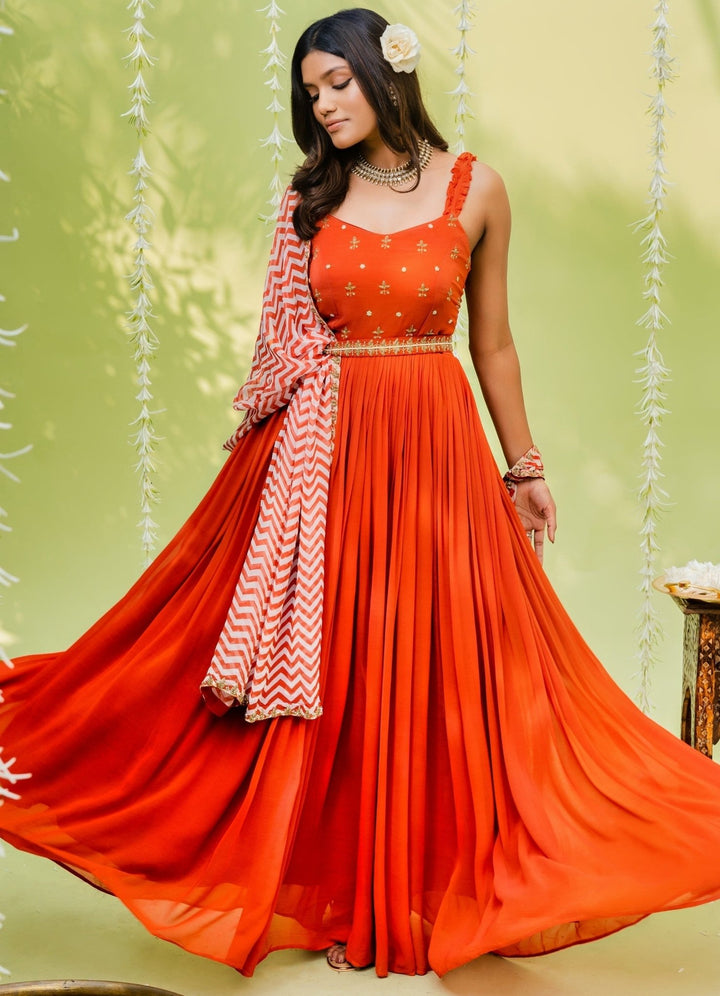 Orange Embellished Anarkali Set With Patterned Dupatta And Belt Redpine - Fabilicious Fashion
