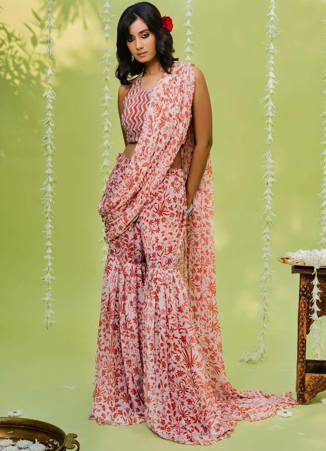 Orange Embellished Printed Georgette Sharara Saree Set Redpine - Fabilicious Fashion