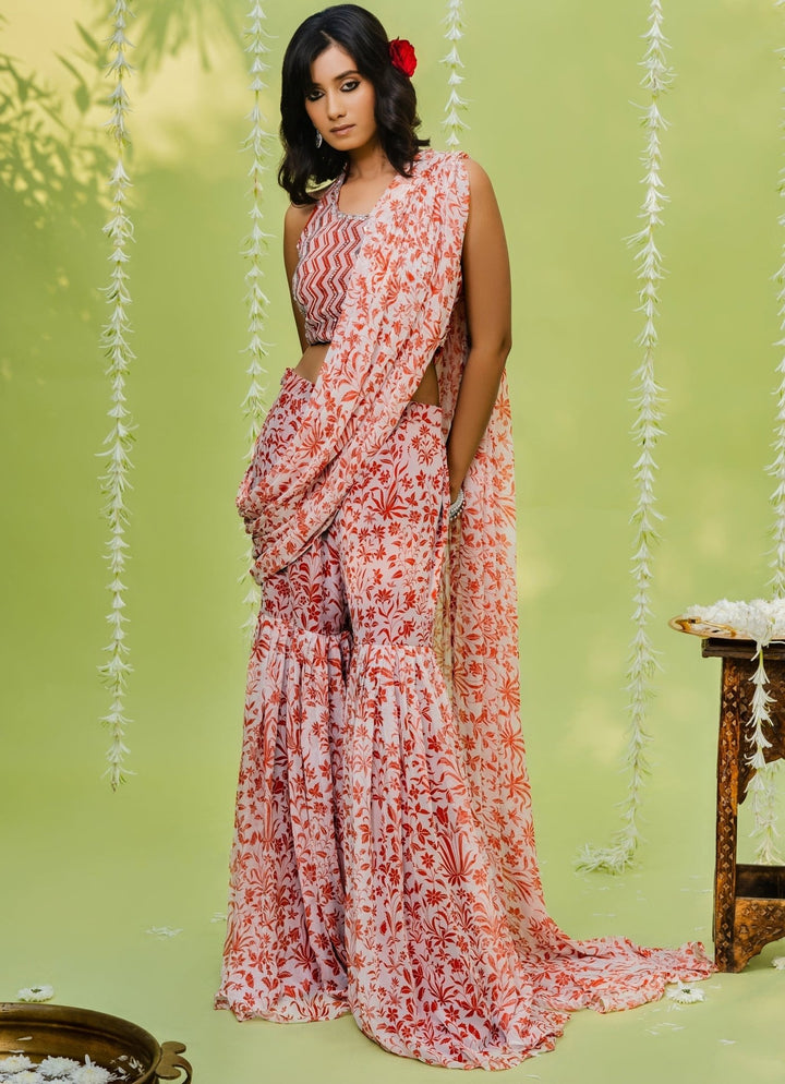 Orange Embellished Printed Georgette Sharara Saree Set Redpine - Fabilicious Fashion