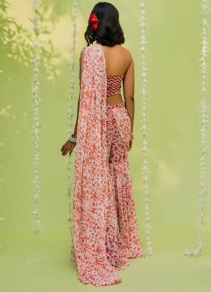 Orange Embellished Printed Georgette Sharara Saree Set Redpine - Fabilicious Fashion