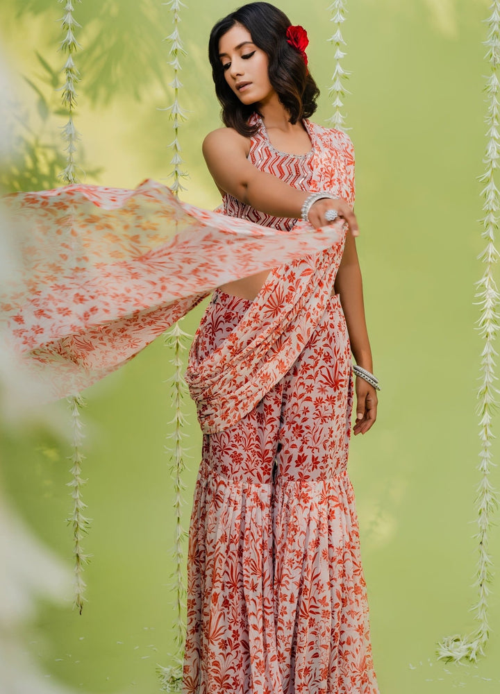 Orange Embellished Printed Georgette Sharara Saree Set Redpine - Fabilicious Fashion
