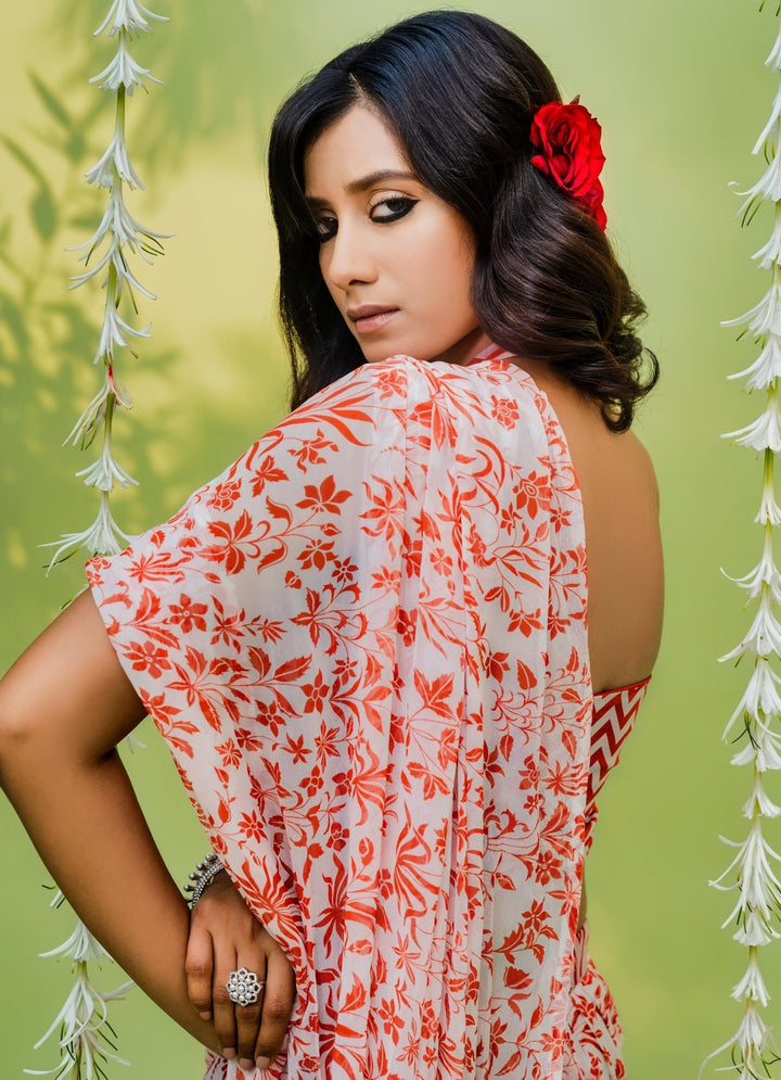 Orange Embellished Printed Georgette Sharara Saree Set Redpine - Fabilicious Fashion