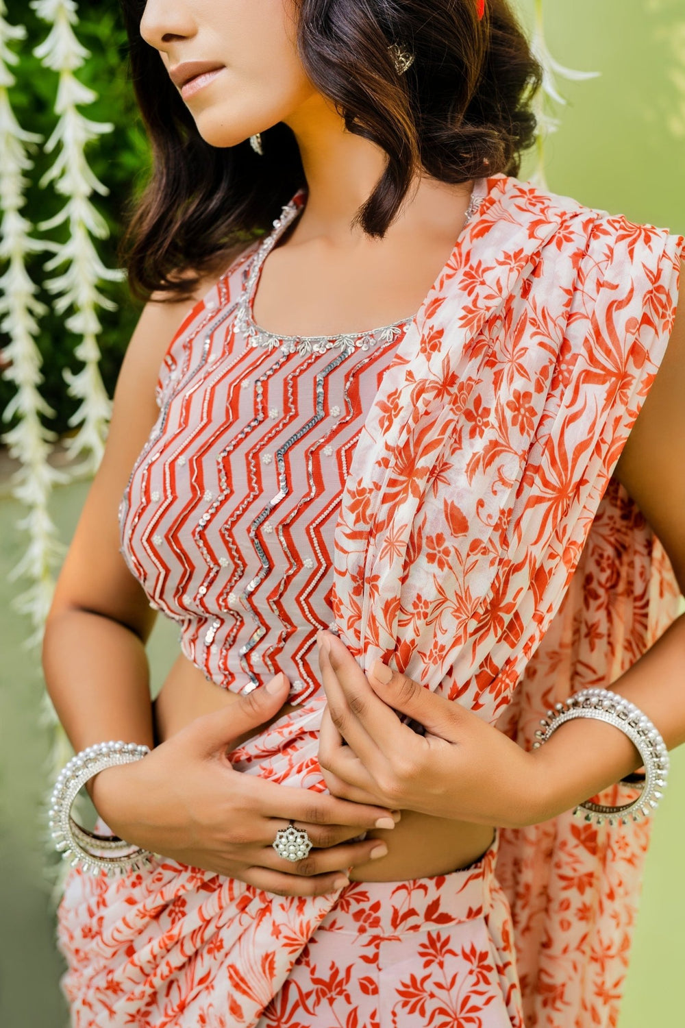 Orange Embellished Printed Georgette Sharara Saree Set Redpine - Fabilicious Fashion