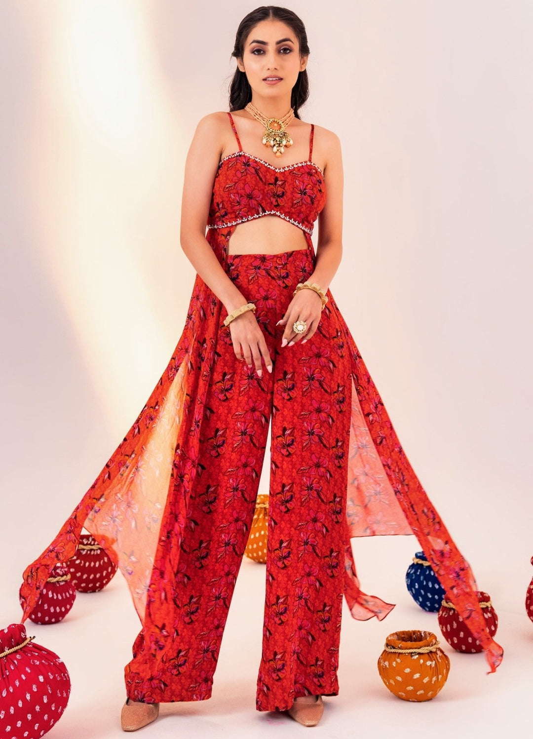 Orange Floral Printed Georgette Blouse With Pant Set Silky Bindra - Fabilicious Fashion