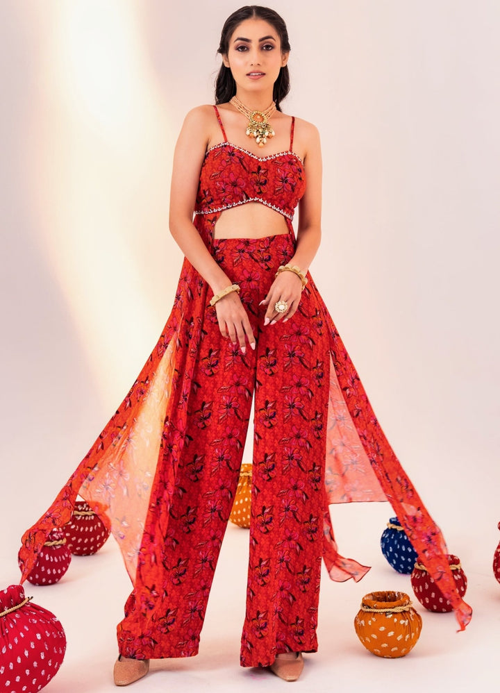 Orange Floral Printed Georgette Blouse With Pant Set Silky Bindra - Fabilicious Fashion