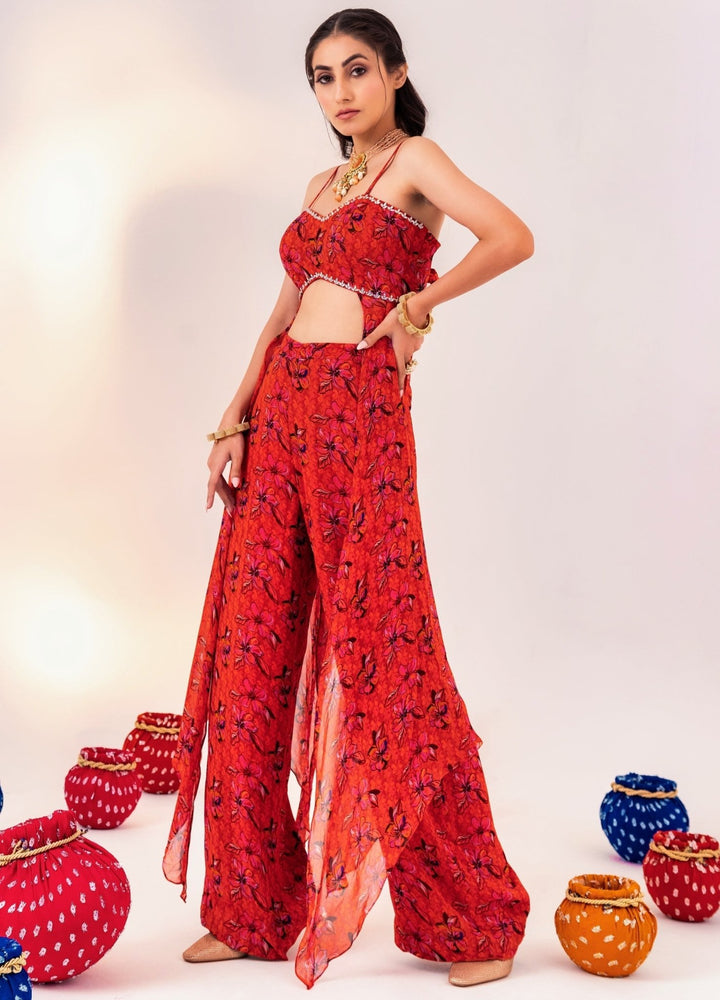 Orange Floral Printed Georgette Blouse With Pant Set Silky Bindra - Fabilicious Fashion