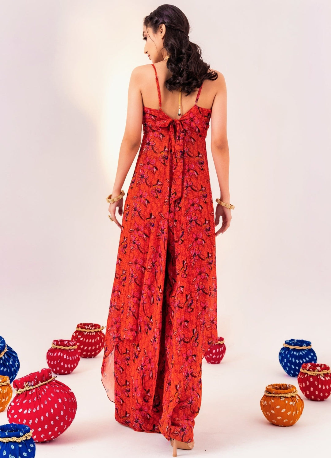 Orange Floral Printed Georgette Blouse With Pant Set Silky Bindra - Fabilicious Fashion