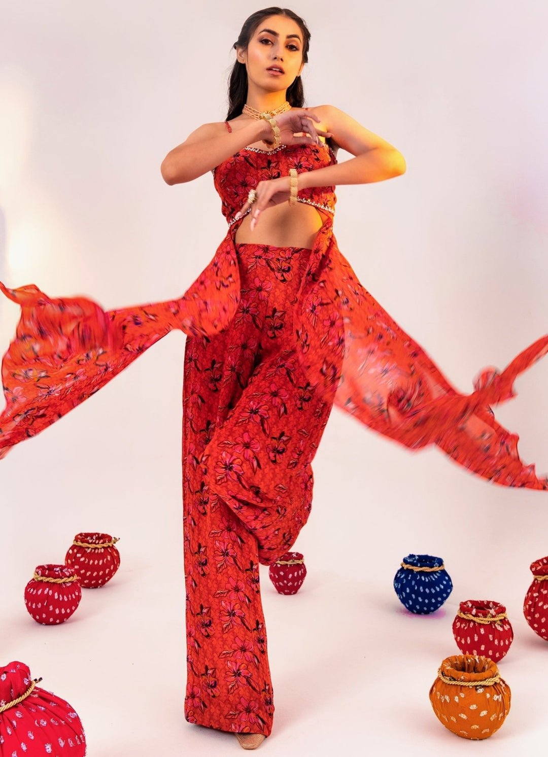 Orange Floral Printed Georgette Blouse With Pant Set Silky Bindra - Fabilicious Fashion