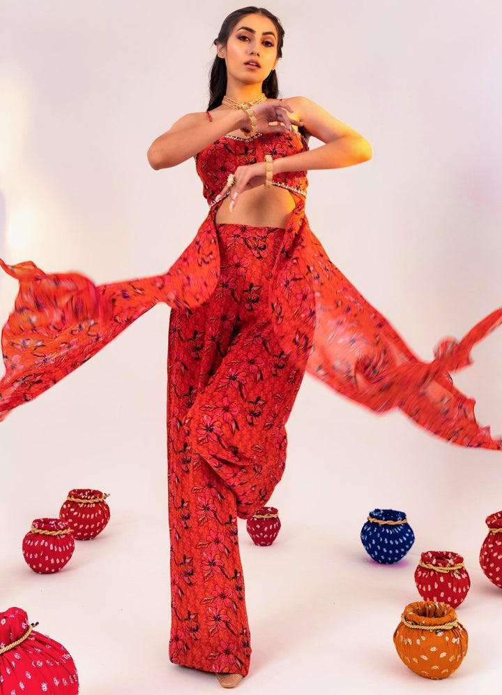 Orange Floral Printed Georgette Blouse With Pant Set Silky Bindra - Fabilicious Fashion