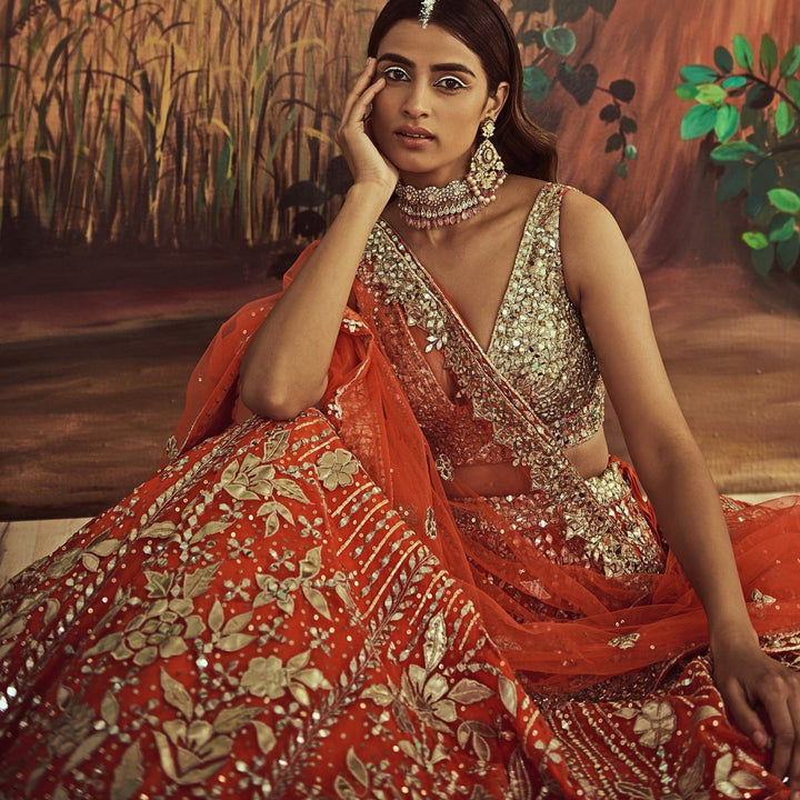 Orange Leather Lehenga Set Angad Singh - Fabilicious Fashion