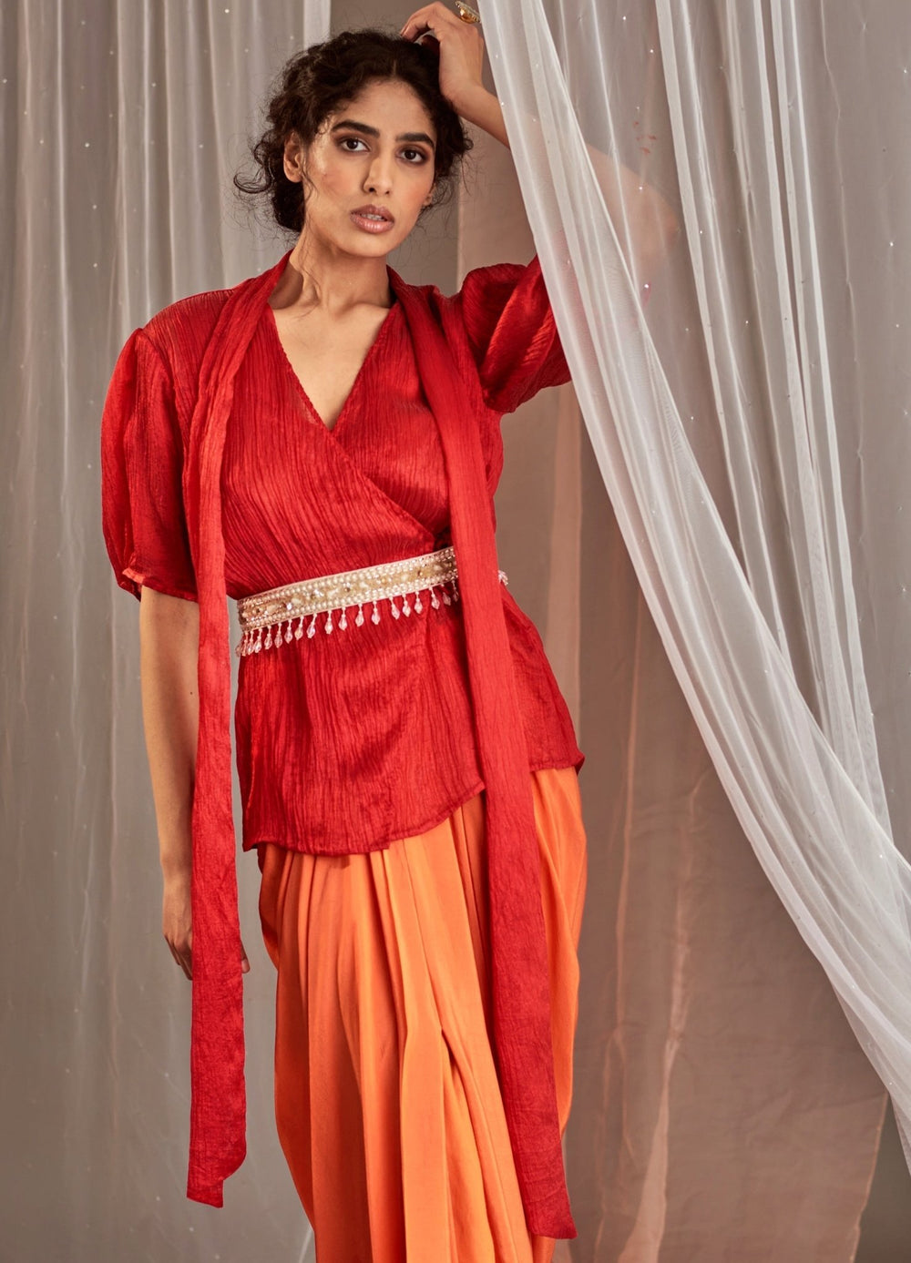 Orange Red Crepe Lehenga With Overlap Top & Belt Nidhika Shekhar - Fabilicious Fashion