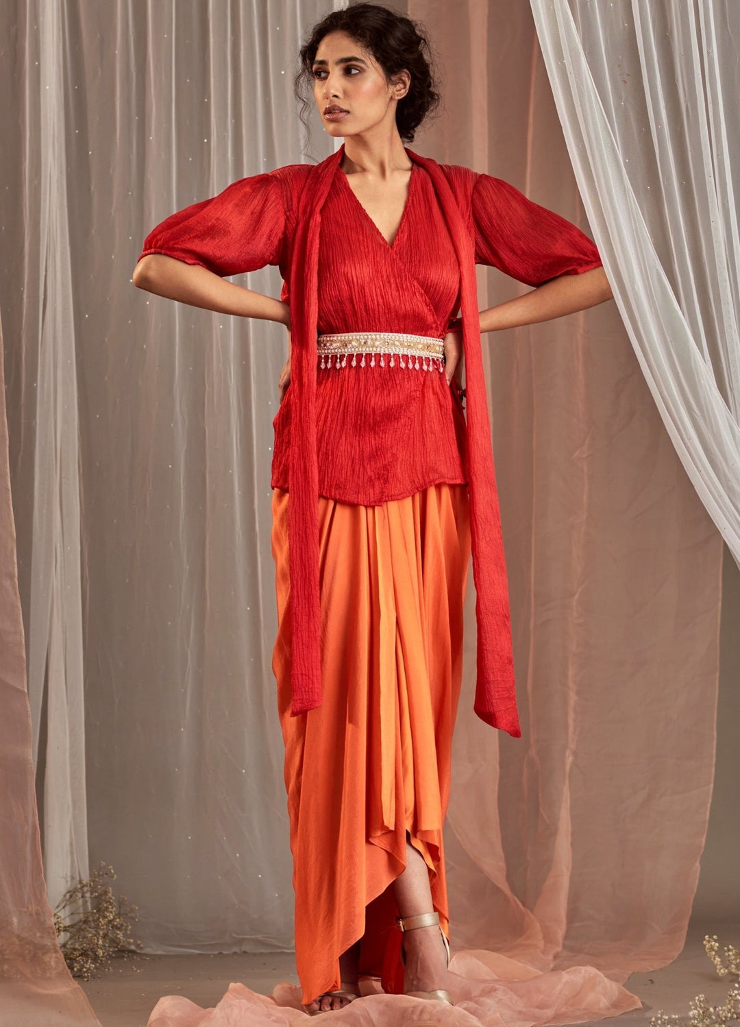 Orange Red Crepe Lehenga With Overlap Top & Belt Nidhika Shekhar - Fabilicious Fashion