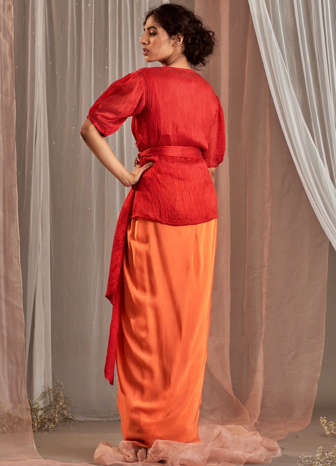 Orange Red Crepe Lehenga With Overlap Top & Belt Nidhika Shekhar - Fabilicious Fashion