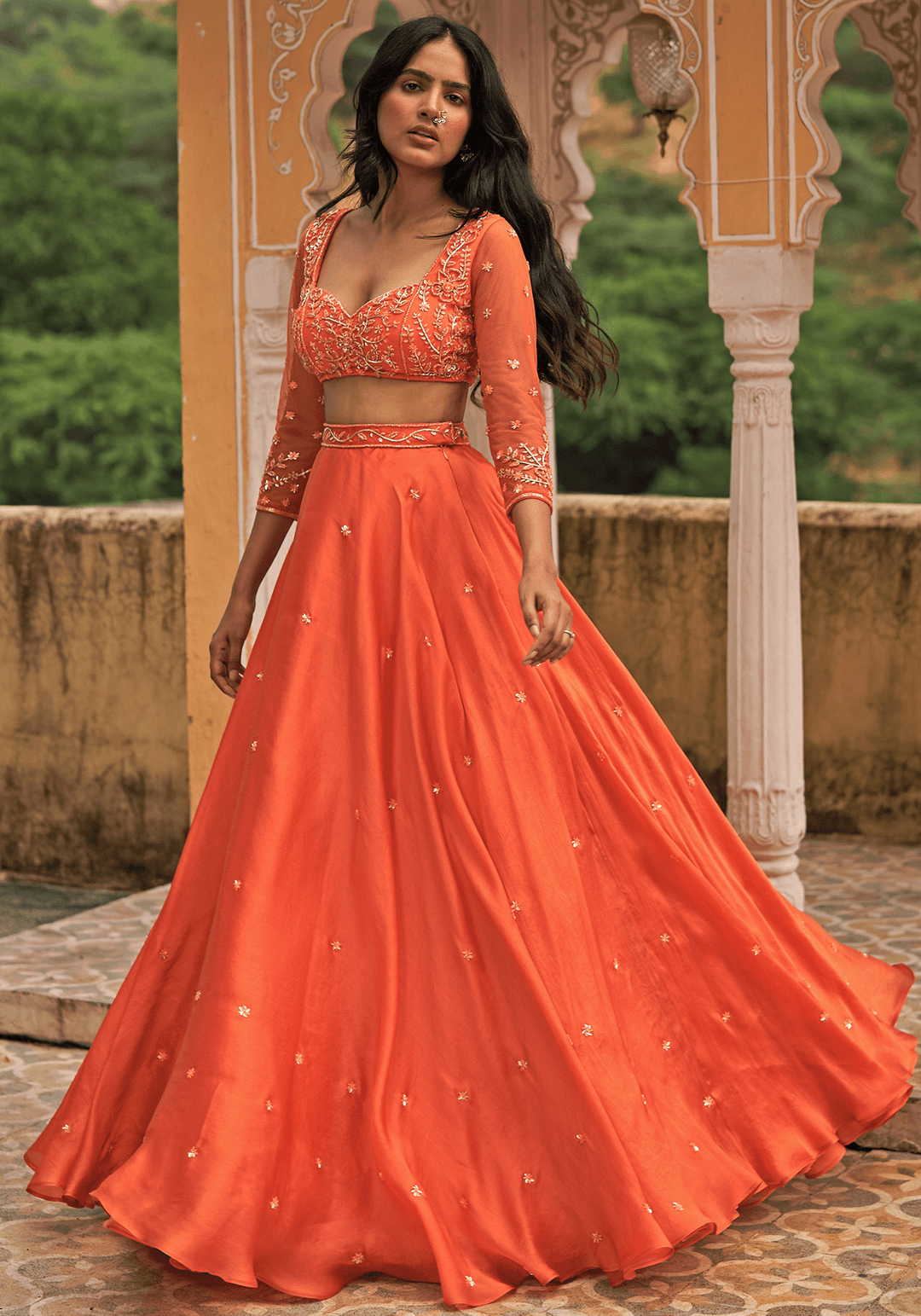 Orange Satin Organza Lehenga Set Zoon Tribe - Fabilicious Fashion