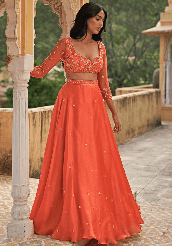 Orange Satin Organza Lehenga Set Zoon Tribe - Fabilicious Fashion