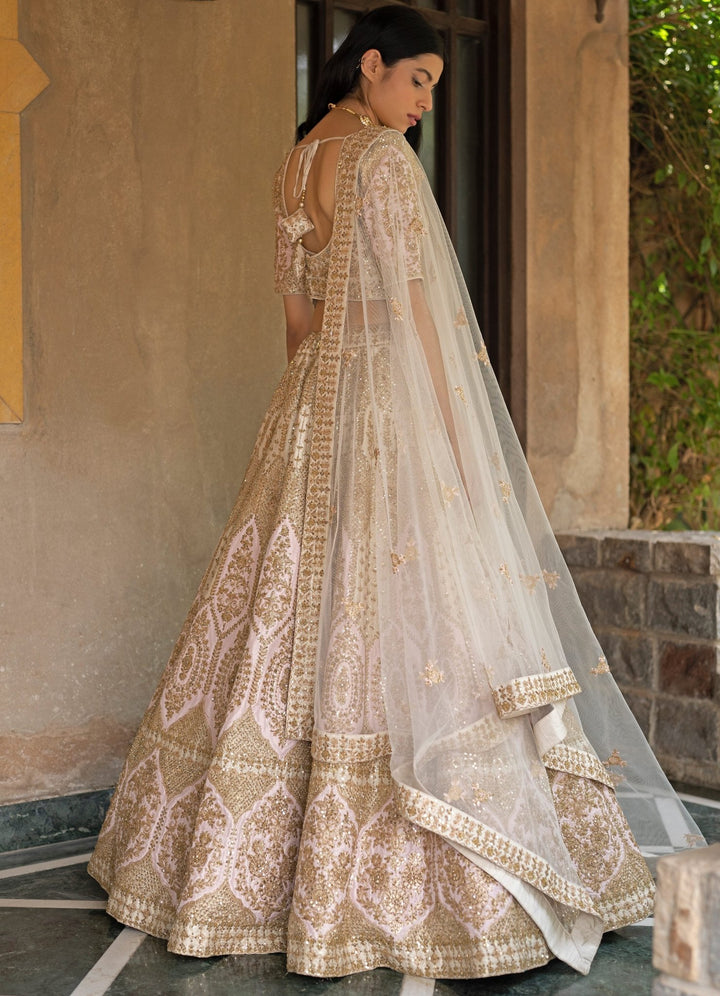 Pale Pink and Gold Raw Silk Double Dupatta Lehenga Set Angad Singh - Fabilicious Fashion