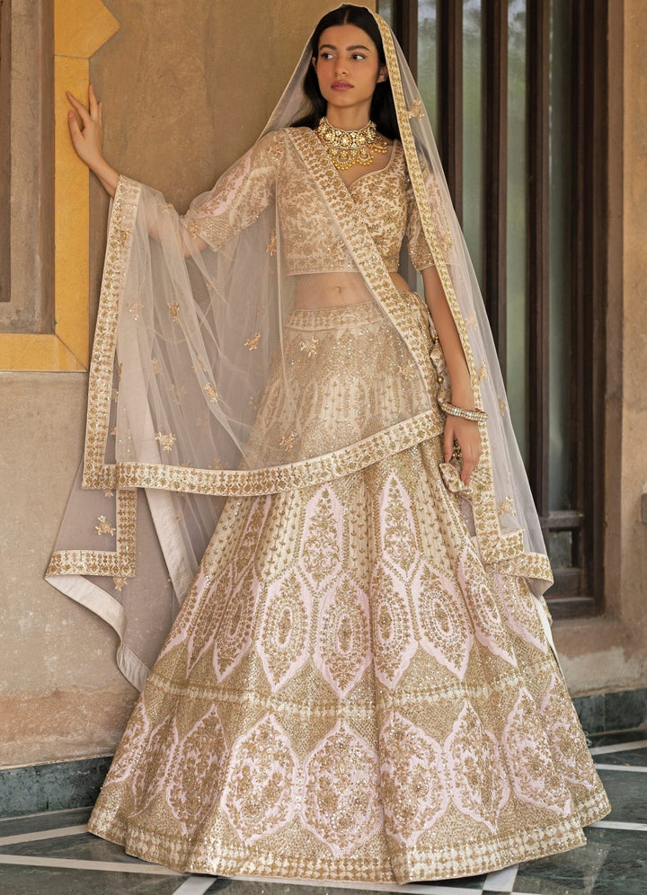 Pale Pink and Gold Raw Silk Double Dupatta Lehenga Set Angad Singh - Fabilicious Fashion