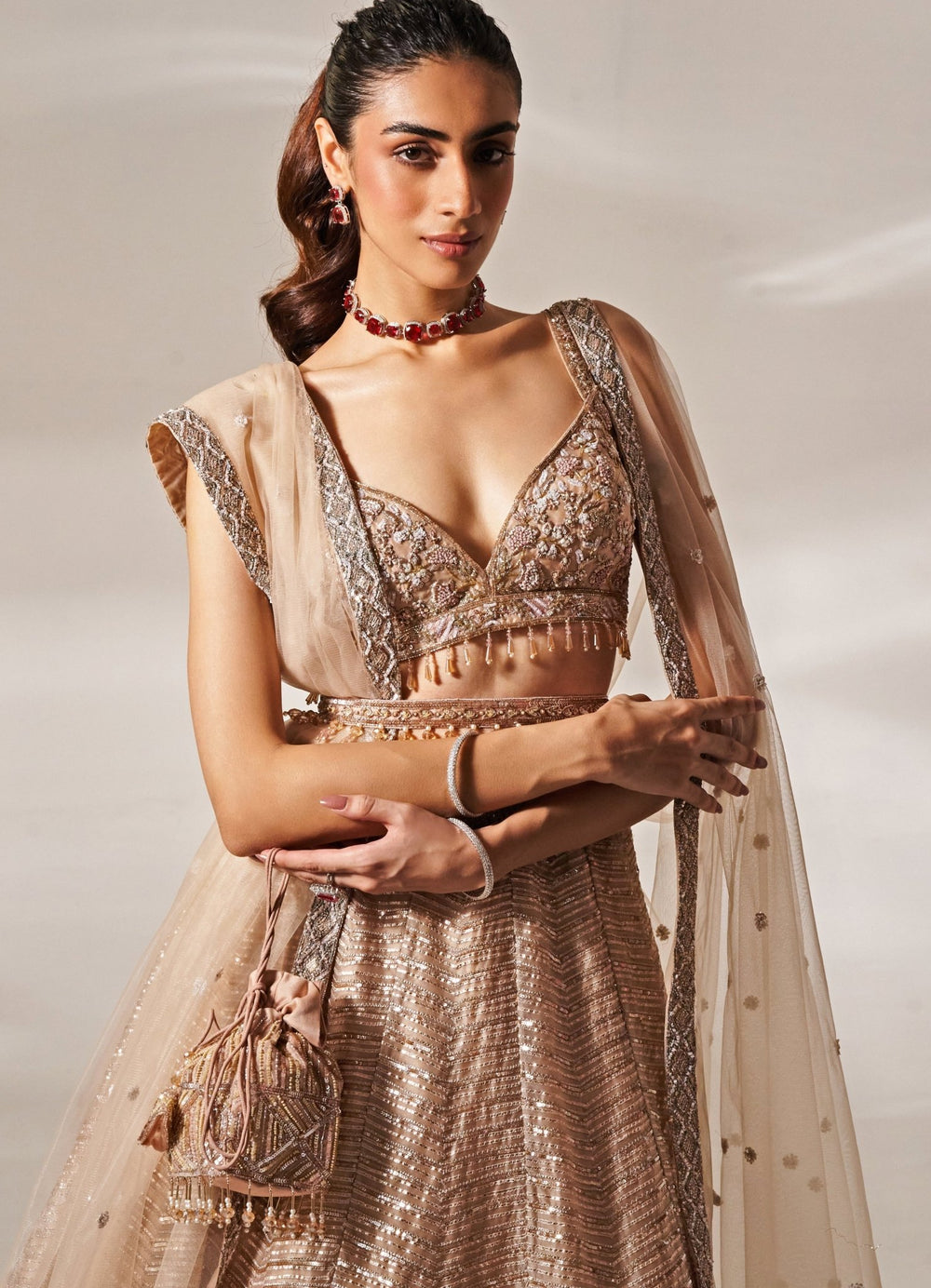 Pale Pink Embroidered Organza Lehenga Set Studio Iris - Fabilicious Fashion